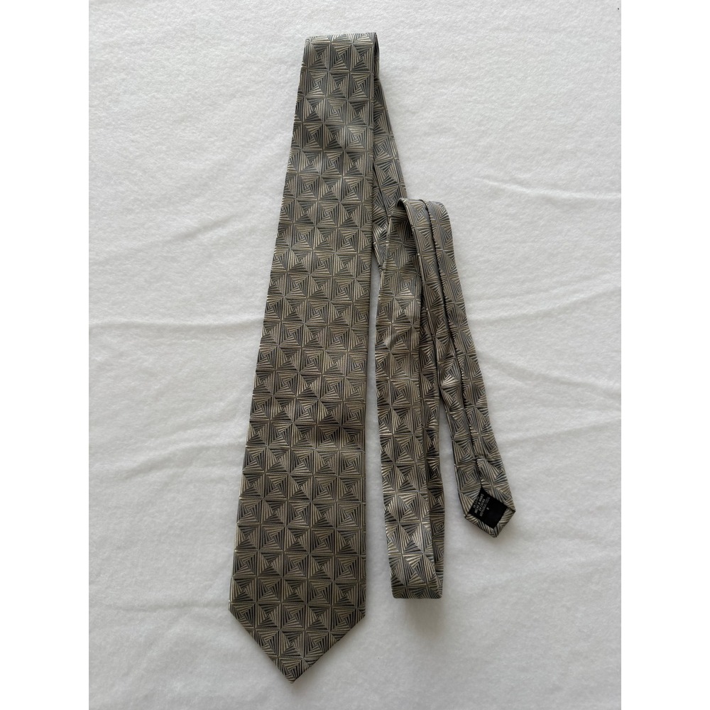 Crazy Horse Necktie Mens OS Geometric Square Gold Grey Silk Excellent